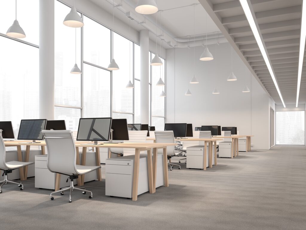 Modern style high ceiling office interior with city view 3d render.There are white wall,gray carpet floor ,decorate with wooden table.There are large windows looking out to see scenery outside